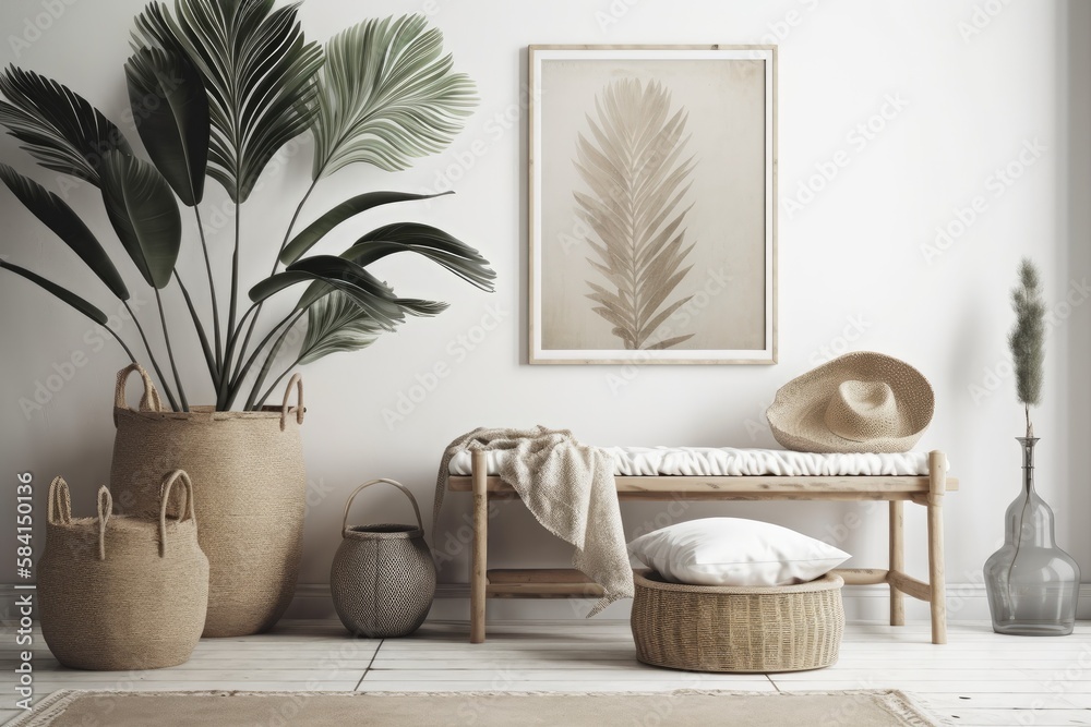 Canvas Prints Mockup poster in Scandinavian decor with seat, baskets, and palm branches in pots. Generative AI