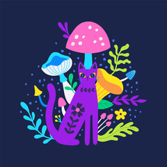 vector image of a cat with mushrooms