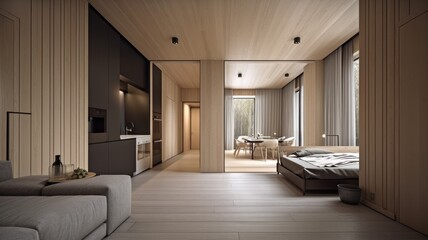 Fototapeta na wymiar Wooden modern interior space, minimalistic clean design with natural material