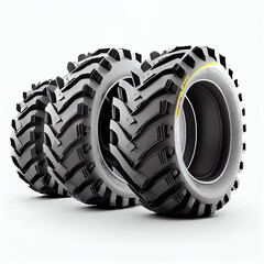 Set of four tractor tires for agricultural use, white background, Generative AI