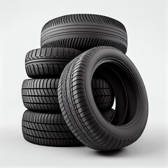 Stack of car tires in various sizes, white background, Generative AI
