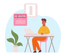 Sexual education, sexual health lesson. Young man sitting at desk with laptop having virtual class. Person having remote learning
