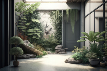 Background with modern interior biophilic courtyard design, generative AI