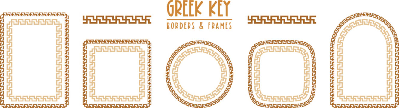 Greek key frames and borders collection. Decorative ancient meander, greece ornamental set, repeated geometric motif. Frames consist from tiny bricks, easy to resize or change frames proportion.