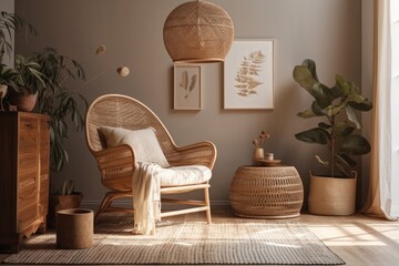 Living room with rattan chair, floor light, and pampas grass vase. Warm bohemian interior. Real picture. Generative AI