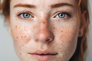 Portrait of woman with blue eyes and freckles. Generative Ai - obrazy, fototapety, plakaty