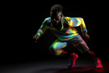 Fototapeta na wymiar African american athlete with colorful sportswears in studio. Generative AI