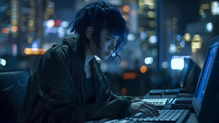 girl anime style cyberpunk hacker