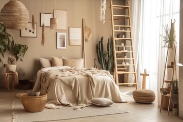 Obraz premium Light over beige bedsheets in cozy bedroom with ladder, posters, and wood. Generative AI
