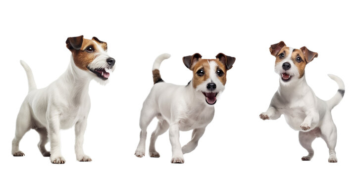 Jack Russel Terrier looking playful and energetic in various poses. isolated on a white banner. Illustrative Generative AI.