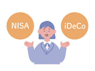 NISAとiDeCoの案内をする女性のイラスト