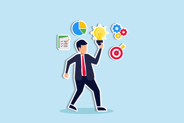 Fototapeta na wymiar Business intelligence, data analysis for insight making business decision for success, information or report for management concept, businessman hold smart lightbulb with business intelligence data. 