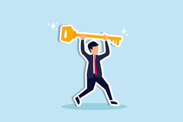 Key to business success, stairway to find secret key or achieve career target concept, businessman winner walk with lifting golden success key. Paper Cut Style