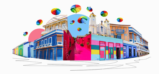 Colorful buildings in center of Puerto Plata, Dominican Republic. Collage. Pink street with green plants, windows, street lams, caribbean entourage in old city victorian style. Art design - obrazy, fototapety, plakaty