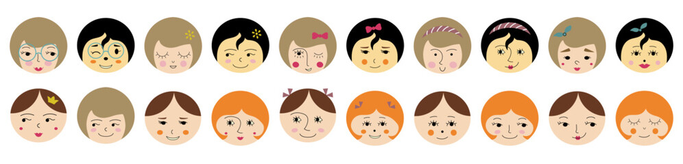 Feminine look, abstract personage, mascot design, funny face, cute icon.