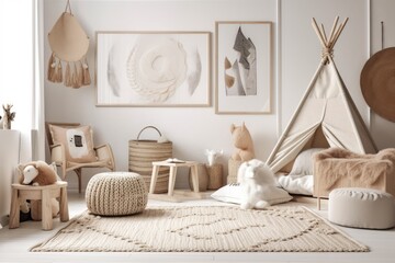 White kid room wall. Scandi boho interior mockup. Free poster picture space. Bed, dry grass, vase, macrame, toys. Kid friendly room. Generative AI