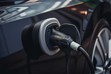 Close-up of an electric charging power cable in an environmentally friendly vehicle socket. Generative AI