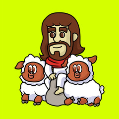 Lord Jesus was sitting on a rock and 2 lambs accompanying him