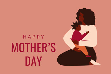 African American mother holds on knees her female child and embraces with love and care. Mother's day greeting card with black woman and her small daughter. Vector illustration