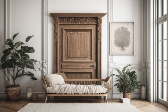 A blank horizontal poster at the doorway of a room with a macrame over a contemporary couch, a chair, spikelets in a vase on a wooden chest of drawers, and a balcony door. Generative AI