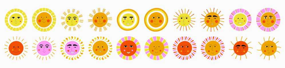 Smiling sun, abstract personage, mascot design, funny face, cute icon.