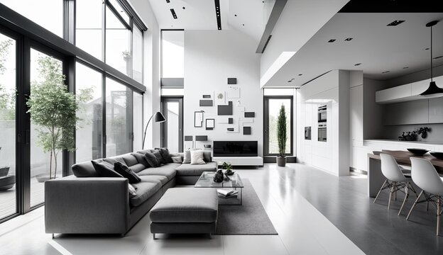 Light Grey modern interior space, minimalistic clean design in the living room