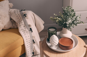 cozy spring home details. House plant, candle and decorations composition on coffee table with chair on background.