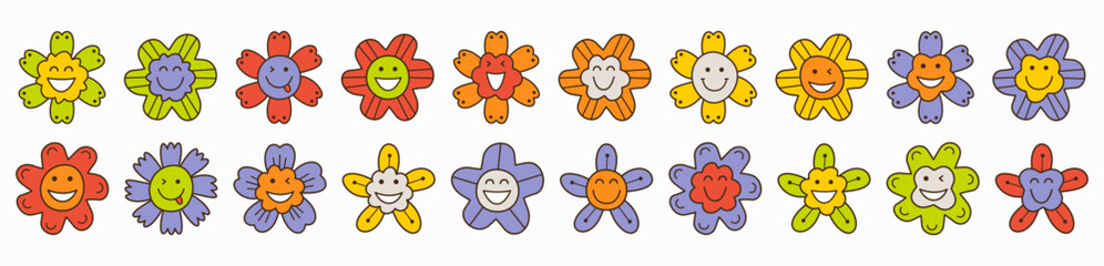 Smiling flower, abstract personage, mascot design, funny face, cute icon.