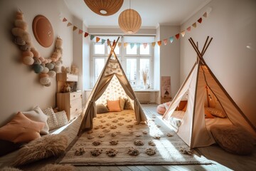 Moscow, March 1, 2020. Decorative play tipi tent and cushions in a child's room. Nursery play tent. kids' boho wigwam. Generative AI