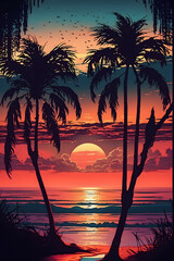 Tropical Beach Sunset with Palm Trees: Nature's Beauty Silhouette Illustration
