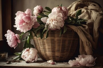 Modern bohemian room with flowers in basket. Pink peonies on rustic backdrop. Bohemian style, fashionable comfort. Generative AI