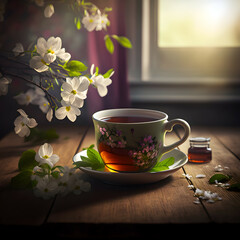 Obraz na płótnie Canvas A cozy scene of a floral tea cup filled with warm brew, sitting beside a gentle spray of spring blossoms, invoking a sense of peaceful reflection