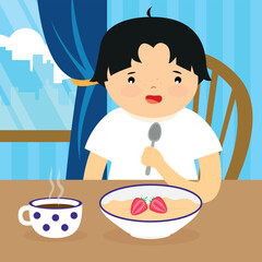 Little boy eating breakfast. Vector illustration in a flat style on a blue background.