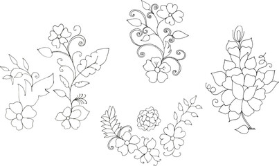 Beautiful Bundle rose with leaves design Collection illustration, black outline hand drawn art converted to vector tree branch, colorful tree, bush, plant, tropical leaves, side view isolated on white