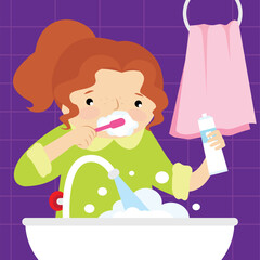 Cute little girl washing her teeth in the bathroom. Vector illustration