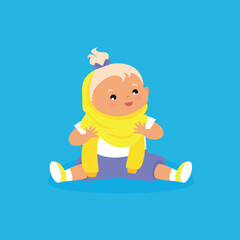 Cute little baby in a yellow t-shirt and shorts. Vector illustration