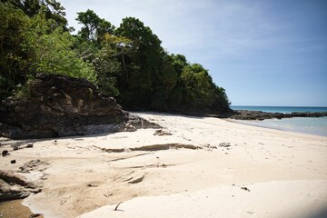 White sandy beach of El Nideo, Palawan in the Philippines with a rough rock and trees.