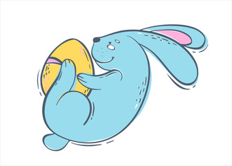 The blue Easter bunny is holding a yellow egg. Spring holiday with a hare and a decorated egg. Vector illustration in flat style. Illustration for a greeting card.