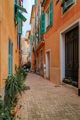 Fototapeta na wymiar Old terracotta houses in Old Town, Villefranche sur Mer, South of France