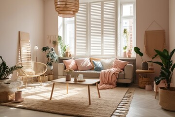 Bright living room with beige couch and window side wooden light. Generative AI