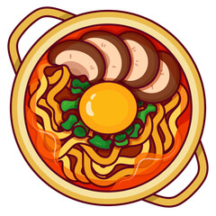 Spicy korean kimchi ramen (Sundubu Ramyun, Ramyeon noodles) in golden hot pot recipe illustration vector. Asian korea noodles soup food icon design. Korean noodles soup with mushroom top view cartoon.