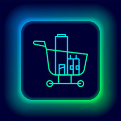 Glowing neon line Shopping cart and food icon isolated on black background. Food store, supermarket. Colorful outline concept. Vector