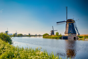 Fototapeta na wymiar Line of Traditional Romantic Dutch Windmills in Kinderdijk Village in the Netherlands With Water Canal.