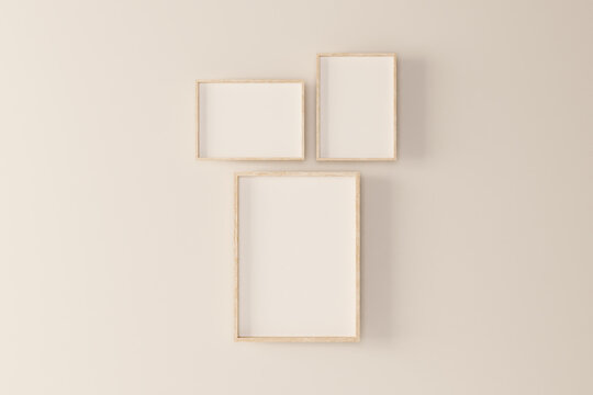 For triple horizontal and vertical picture gallery, frame mock-ups wooden Slim Scandinavian style frame, modern light color frame