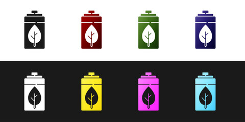 Set Eco nature leaf and battery icon isolated on black and white background. Energy based on ecology saving concept. Vector