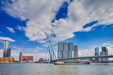 Picturesque Cityscape View of Rotterdam Harbour and Port in Front of Erasmusbrug (Swan Bridge) on Background.