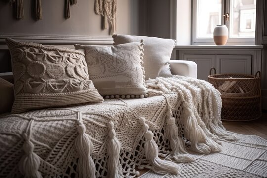 White macrame pillows and crocheted blanket on couch. Danish pleasant house, detailed interior. Generative AI
