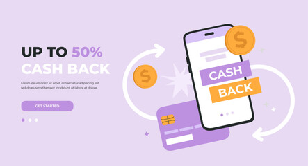 Landing page of cash back concept. Refund money, online payment transaction. Hand drawn vector illustration isolated on purple background, modern flat cartoon style