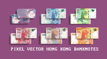 Vector set of pixelated mosaic Chinese Hong Kong banknotes. Bills in denominations of 10, 20, 50, 100, 500 and 1000 dollars.