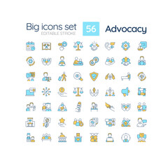 Fototapeta na wymiar Advocacy RGB color icons set. Social activities for human rights. Attorney practice. Legal support. Isolated vector illustrations. Simple filled line drawings collection. Editable stroke